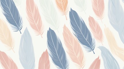 Soft bird feathers seamless pattern in hand drawn style pastel colors isolated on white background.