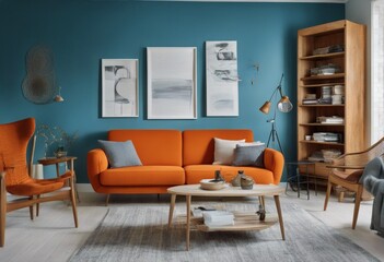 blue wall design cabinet interior wooden orange sofa Scandinavian Vibrant shelves