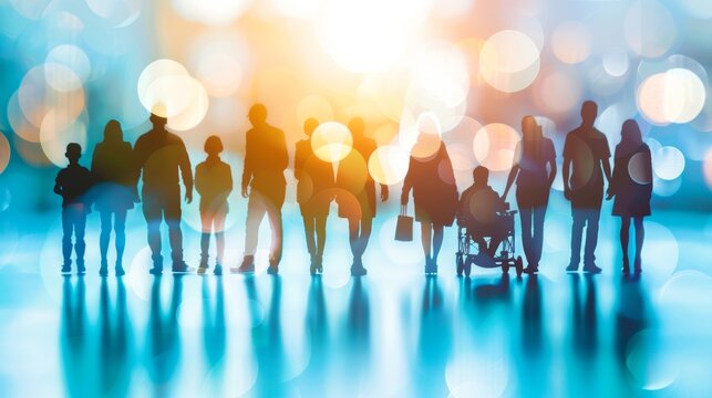 Blurry silhouettes of healthcare providers administering care to a diverse group of patients highlighting the inclusive nature of their support for communities in need. .