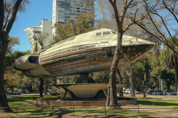 square in argentinian city, with a giant monument of a spaceship, during a sunny day - obrazy, fototapety, plakaty