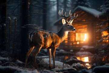 Fallow deer in the winter forest at night. Panoramic image.