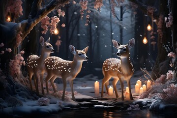 Three deer in the winter forest with candles and snowfall. 3d rendering
