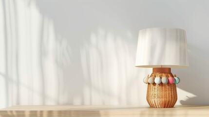 Blank mockup of a bohemian table lamp with a woven wicker base and colorful tassel details. .