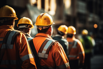 Construction workers in a line are going to their working place, the construction site. All are wearing protective, vibrant, and high-visibility vests and jackets, and hard hats.