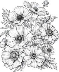  bouquet of flowers with anemones, daisies and peonies coloring page