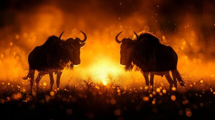 Blue wildebeest engage in a fierce battle amidst the swirling dust of the Kalahari Desert in South Africa. - obrazy, fototapety, plakaty
