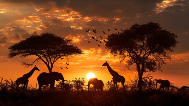 Witness the majestic gathering of African wildlife against the backdrop of a vibrant sunset, where silhouettes of elephants, giraffes, and birds stand tall.