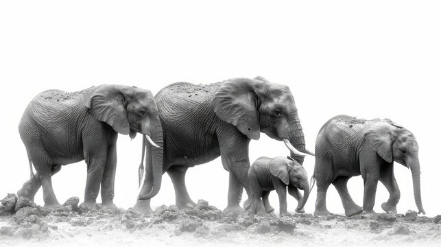 Three majestic African bush elephants, from the mighty adults to the adorable newborn calf, intertwine their trunks in a tender display of unity, captured in a stunning black-and-white photograph 