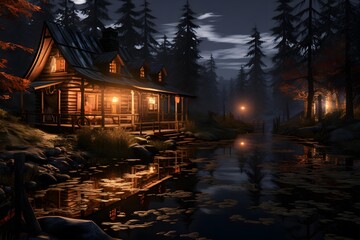 wooden house in the forest at night, 3d render illustration