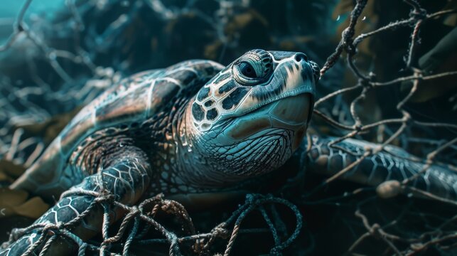 Close-up of a sea turtle entangled in fishing nets, illustrating the threat of bycatch and unsustainable fishing practices