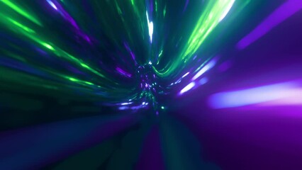 The video showcases a loop of vortex light streaks creating a wormhole effect, simulating the sensation of traveling at light speed with dynamic and swirling visuals that convey depth and motion.