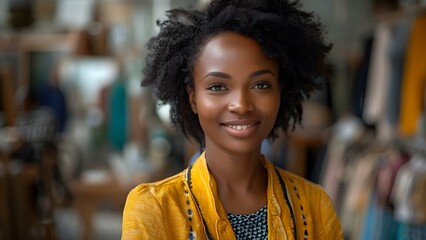 Portrait of a joyful Black woman entrepreneur in the fashion industry. Concept Fashion Industry, Black Women, Entrepreneur, Portrait, Joyful - obrazy, fototapety, plakaty