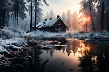 Beautiful winter landscape with snow covered trees and a wooden house in the forest