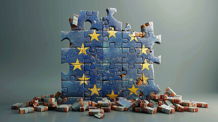 illustration of bricks puzzle of European Union, disarmed, all over the place, frexit