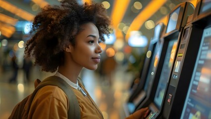 African American woman utilizing self-service station to obtain boarding pass. Concept Travel, Self-Service Station, Boarding Pass, African American, Convenience - obrazy, fototapety, plakaty