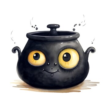 cartoon black cat with pot isolated on white background, illustration for children