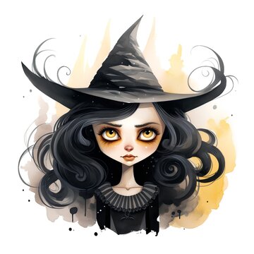 Portrait of a beautiful witch in a black hat. Halloween illustration.