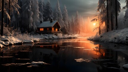 Beautiful winter landscape with a lake and a cottage in the forest