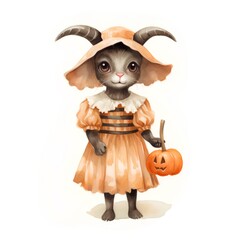 Cute little goat in a witch costume with a pumpkin. Halloween illustration.