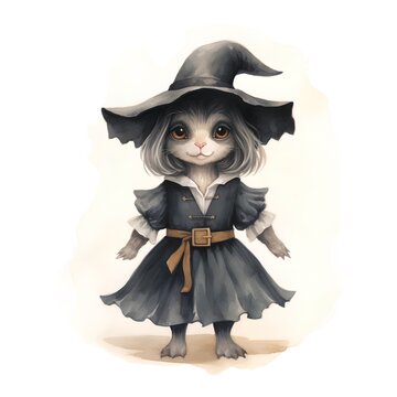 Portrait of a cat in a witch costume on a white background