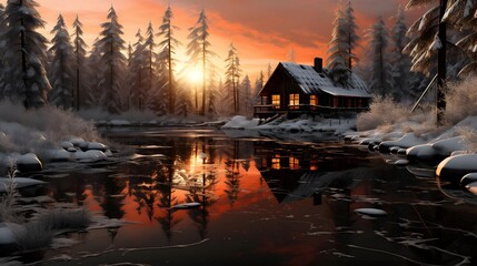 A panoramic image of a wooden house in the middle of a frozen river at sunset