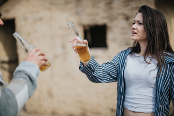 A young woman and man holding beer bottles, standing outdoors, with the woman looking unsure or displeased during a casual vacation moment. - Powered by Adobe