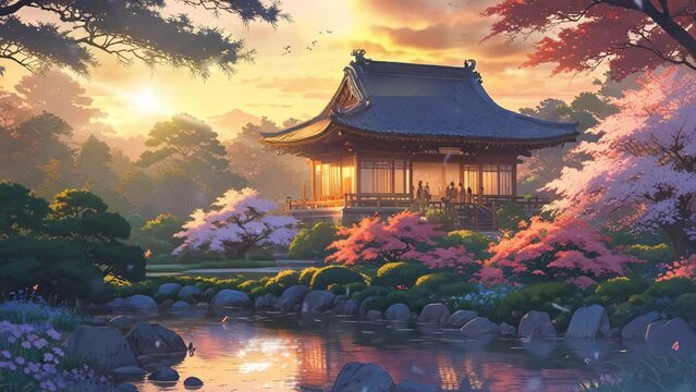 japanese house temple at sunset