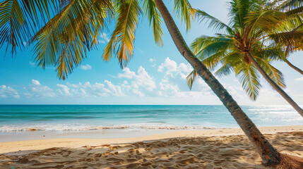 Tropical beach with palm trees during a sunny day  dream beach ocean tree leaf background