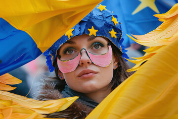 artistic view of woman celebrating Europe Day, May 8th, blue and yellow colors, bird or dove outline shape, journalist illustration