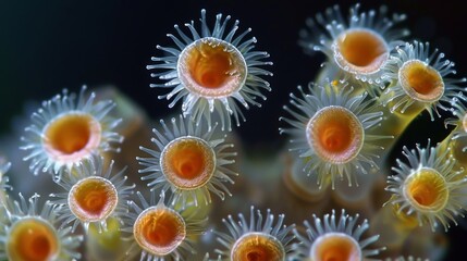 A of spores resembling a starburst with each individual spore appearing to glow under the microscope.