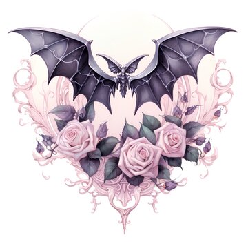 Halloween bat with pink roses and leaves. Watercolor illustration.