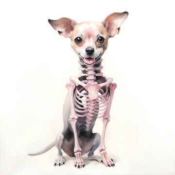 Puppy of a chihuahua with skeleton on white background