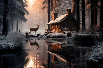 Beautiful winter landscape with a wooden house and a deer on the river