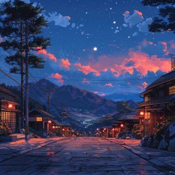 Scenery night anime style background illustration