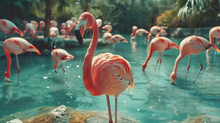 A pink flamingos wade gracefully in a shallow lake, wildlife animal in nature