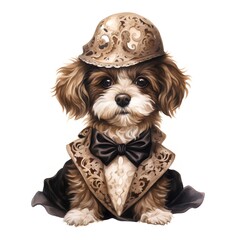 Cute cavalier king charles puppy dog wearing a hat.
