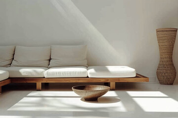 A minimalist living room with a sectional sofa and a low, minimalist coffee table, adorned with a single decorative bowl.