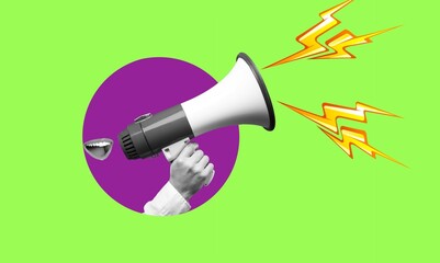Contemporary collage, hand with megaphones spreading news.