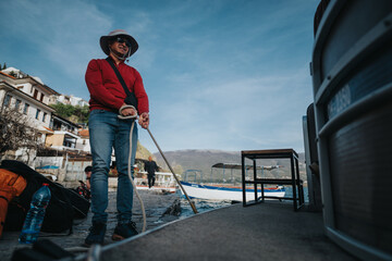 A casual day by the lake with a man busy pulling a rope on a dock with clear blue skies