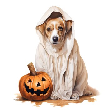Jack russell terrier dog in halloween costume with pumpkin isolated on white background