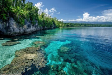 The best nature in the Papua Pacific breeding area, jutting out into the sea, coral cliffs, formed by nature, the color is white, decorating the coast of the island - generative ai
