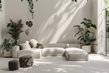 A minimalist living room with a modular sofa and a monochromatic color scheme, punctuated by pops of green from indoor plants.