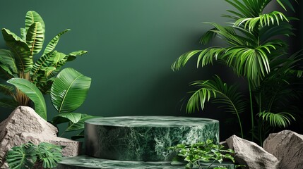 stone pedestal podium of products against a backdrop of tropical foliage