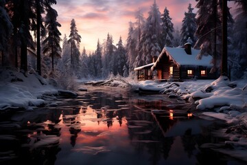 Beautiful winter landscape with frozen lake and wooden house in the forest