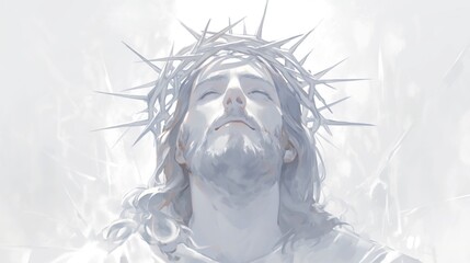 Jesus with a crown of thorns, closed eyes suggest a peaceful demeanor, against a simplistic backdrop