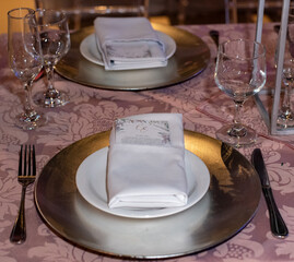 table setting with cutlery, table set for a dinner, table setting, wedding party, ballroom, luxury party, decorated table, tablecloth
