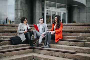 Three business associates working together on steps outside an office building, displaying teamwork...