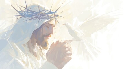 Jesus Christ in prayer with a radiant dove descending above him, bathed in divine sunlight, symbolizing hope and peace