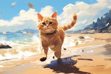cartoon illustration, a cat is running on the beach - obrazy, fototapety, plakaty