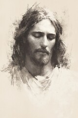 Jesus Christ in a moment of contemplation, with soft brush strokes adding depth to this iconic religious figure